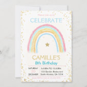ガールピンクパステル金ゴールドレインボー誕生日招待状 招待状 (正面)