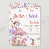 ガールピンクパープルフローラ妖精誕生日 招待状 (正面/裏面)