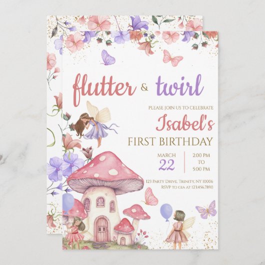 ガールピンクパープルフローラ妖精誕生日 招待状 (正面/裏面)