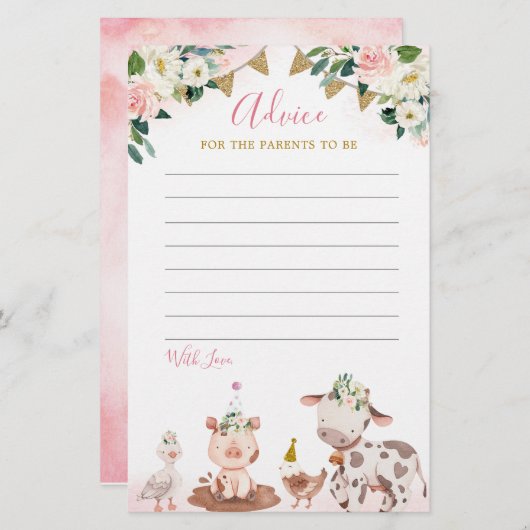 ガールピンクファームベビーシャワーアドバイスカード (正面/裏面)