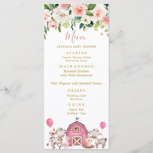 ガールピンクファームベビーシャワーメニュー メニュー (正面)