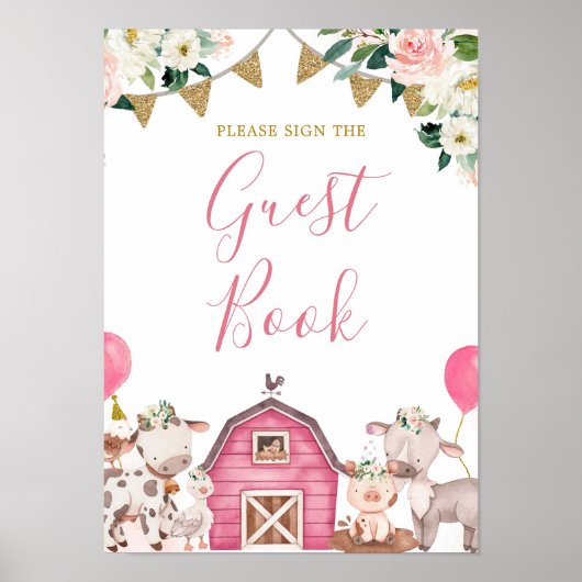 ガールピンクファームベビーシャワー回転木馬ゲストブック ポスター (正面)