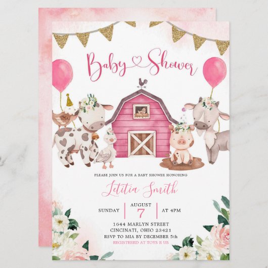 ガールピンクファームベビーシャワー招待状 招待状 (正面/裏面)