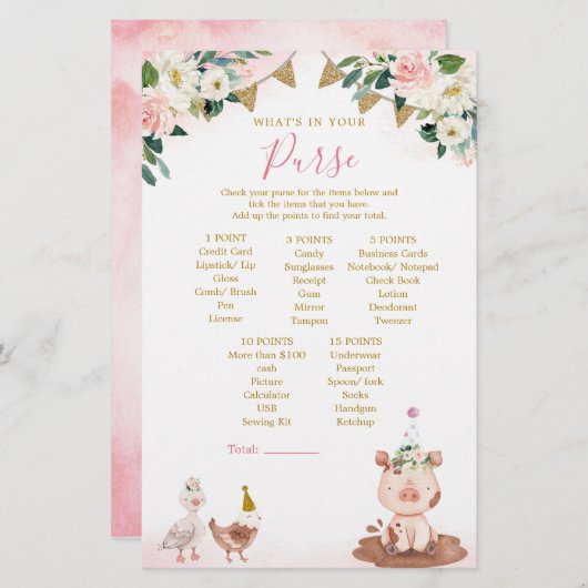 ガールピンクファーム赤ちゃんシャワーあなたの財布の中にあるものは (正面/裏面)