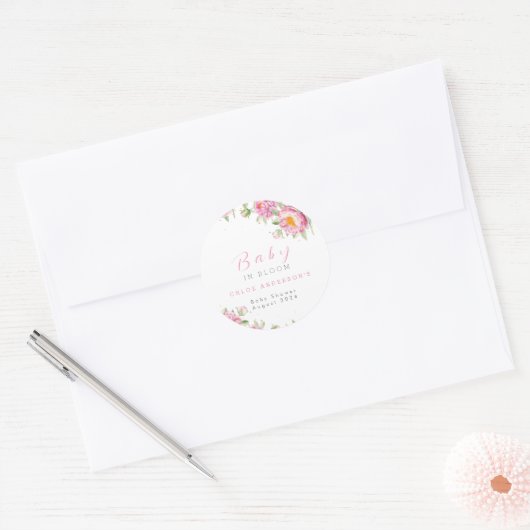 ガールピンクフローラベビーイン開花シャワーかわいい ラウンドシール (封筒)