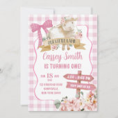 ガールピンクフローララムファースト誕生日招待状 招待状 (正面)