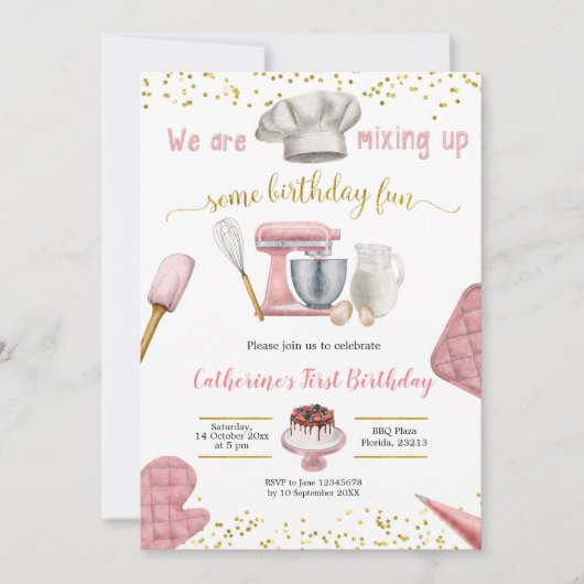 ガールピンクベーキング誕生日招待状 招待状 (正面)