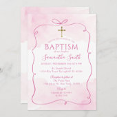 ガールピンクボウ金ゴールドクロス《キリスト教》洗礼式や命名式バプテスマ 招待状 (正面/裏面)