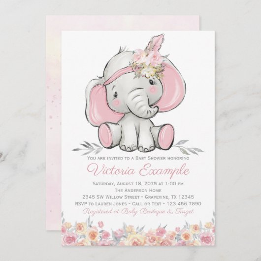 ガールピンクボホエレファントベビージャーシャワー 招待状 (正面/裏面)