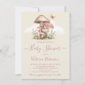 ガールピンクマッシュルームバタフライベビーシャワー 招待状 (正面)