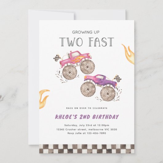 ガールピンクモンスタートラックツーファスト誕生日 招待状 (正面)