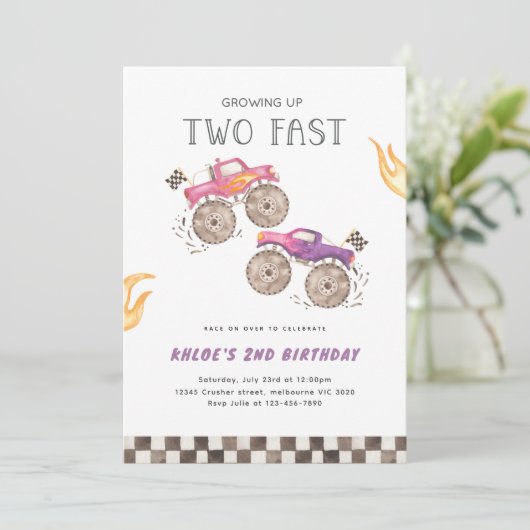ガールピンクモンスタートラックツーファスト誕生日 招待状 (スタンド正面)