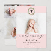 ガールピンクユーカリプスグリーンリーモノグラムベビー誕生 案内状 (正面/裏面)