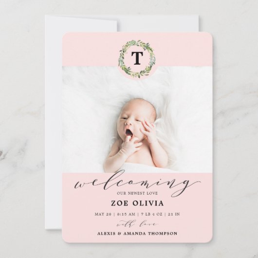 ガールピンクユーカリプスグリーンリーモノグラムベビー誕生 案内状 (正面)