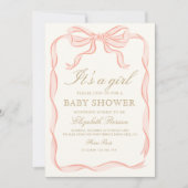 ガールピンクリボンミニマルエレガントリストベビーシャワー 招待状 (正面)