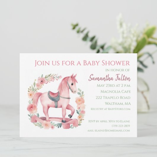 ガールピンクロッキングホース赤ちゃんシャワー招待状 招待状 (スタンド正面)