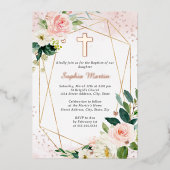 ガールピンクローズ金ゴールドクロスフローラバプテスマ 箔招待状 (正面)