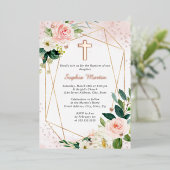 ガールピンクローズ金ゴールドクロスフローラバプテスマ 箔招待状 (立ち正面)