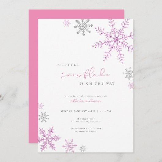 ガールピンク小さなスノーフレーク赤ちゃんシャワー招待状 招待状 (正面/裏面)