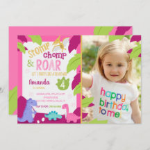 ガールピンク恐竜誕生日招待状