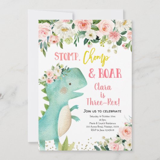 ガールピンク恐竜3レックス誕生日招待状 招待状 (正面)