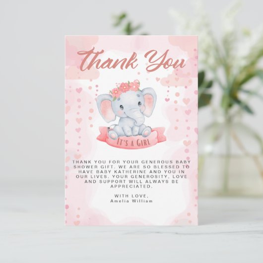 ガールピンク水彩象の赤ちゃんシャワー サンキューカード (スタンド正面)