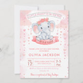ガールピンク水彩象の赤ちゃんシャワー 招待状 (正面)