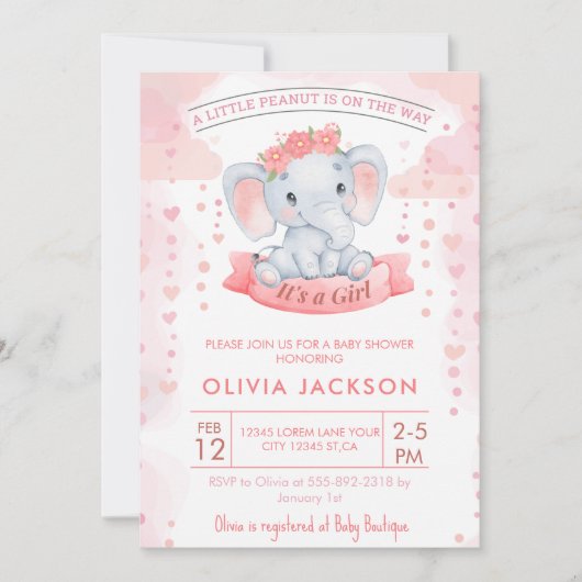 ガールピンク水彩象の赤ちゃんシャワー 招待状 (正面)
