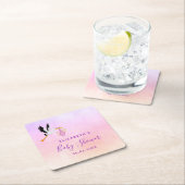 ガールピンク紫のバラ金ゴールドかわいいコウノトリの赤ちゃんシャワー スクエアペーパーコースター (インサイチュ)