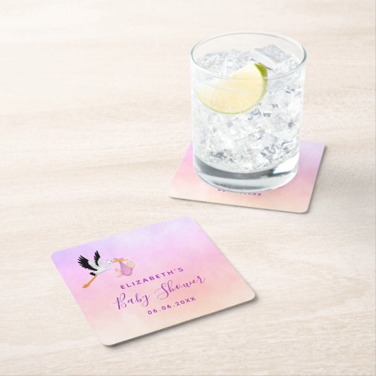 ガールピンク紫のバラ金ゴールドかわいいコウノトリの赤ちゃんシャワー スクエアペーパーコースター (インサイチュ)