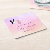 ガールピンク紫のバラ金ゴールドかわいいコウノトリの赤ちゃんシャワー スクエアペーパーコースター (アングル)