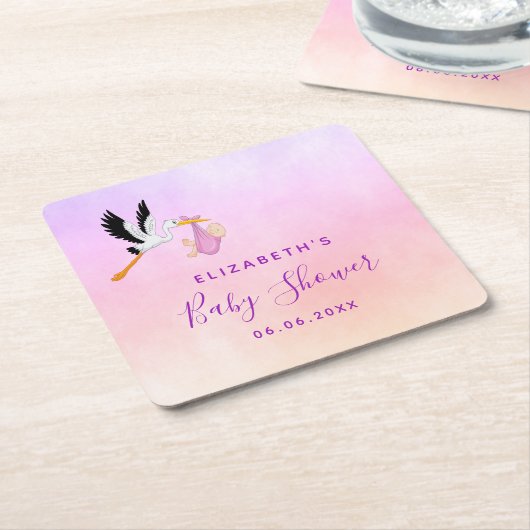 ガールピンク紫のバラ金ゴールドかわいいコウノトリの赤ちゃんシャワー スクエアペーパーコースター (アングル)
