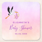 ガールピンク紫のバラ金ゴールドかわいいコウノトリの赤ちゃんシャワー スクエアペーパーコースター (正面)