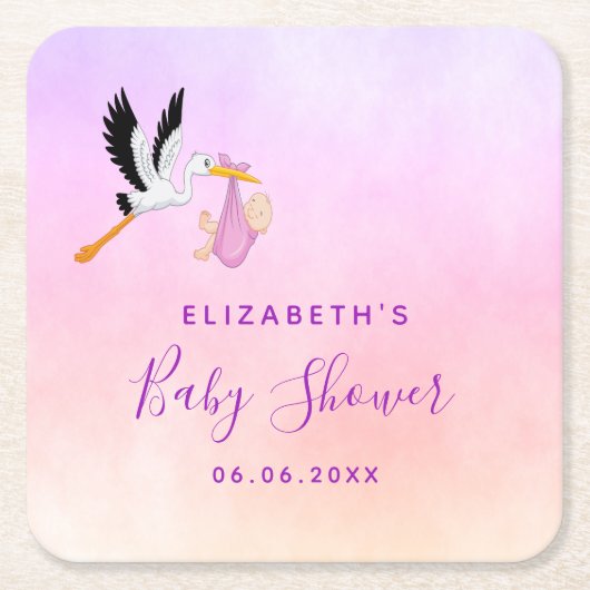ガールピンク紫のバラ金ゴールドかわいいコウノトリの赤ちゃんシャワー スクエアペーパーコースター (正面)