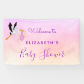 ガールピンク紫のバラ金ゴールドかわいいコウノトリの赤ちゃんシャワー 横断幕 (横)