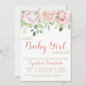 ガールピンク赤面水彩フローラガールシャワー 招待状 (正面)