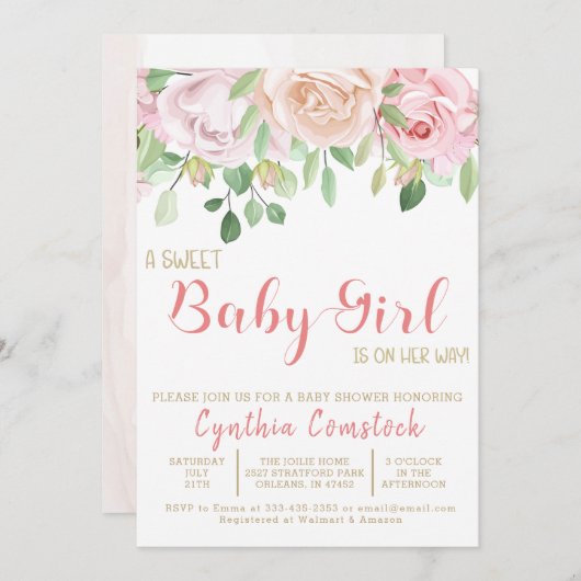 ガールピンク赤面水彩フローラガールシャワー 招待状 (正面/裏面)