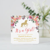 ガールピンク金ゴールドグリッターユニコーンベビーシャワー 招待状 (スタンド正面)