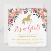 ガールピンク金ゴールドグリッターユニコーンベビーシャワー 招待状 (正面)