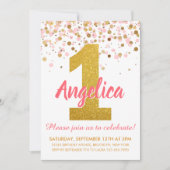 ガールピンク金ゴールドグリッター紙吹雪第1誕生日 招待状 (正面)