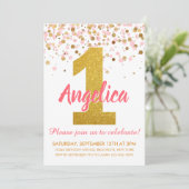 ガールピンク金ゴールドグリッター紙吹雪第1誕生日 招待状 (スタンド正面)