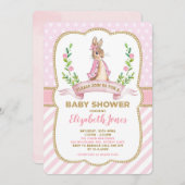 ガールピンク金ゴールドフローラバニーうさぎベビーシャワー 招待状 (正面/裏面)