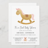 ガールピンク金ゴールドレトロロッキングホース赤ちゃんシャワー 招待状 (正面/裏面)