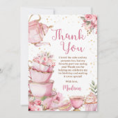 ガールピンク&金ゴールドフローラティーパーティー誕生日 サンキューカード (正面)
