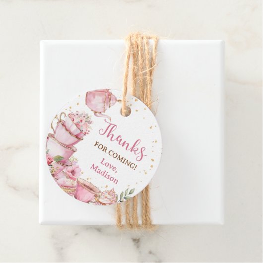 ガールピンク&金ゴールドフローラティーパーティー誕生日 フェイバータグ (インサイチュ)