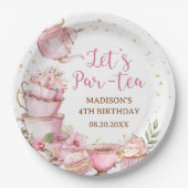 ガールピンク&金ゴールドフローラティーパーティー誕生日 ペーパープレート (正面)