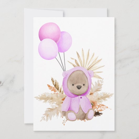 ガールピンクBohoテディベア真夏待ちベビーシャワー 招待状 (裏面)