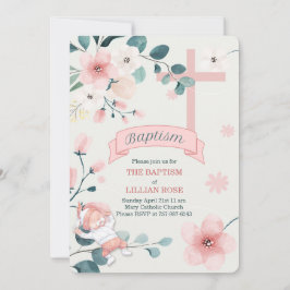 ガールピーチ花クリスチャンクロスバプテスマ 招待状