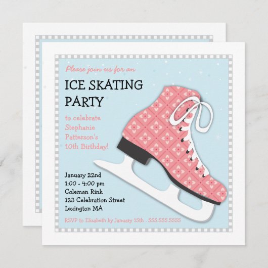 ガールファンキーアイススケートで滑る誕生日パーティー 招待状 (正面/裏面)