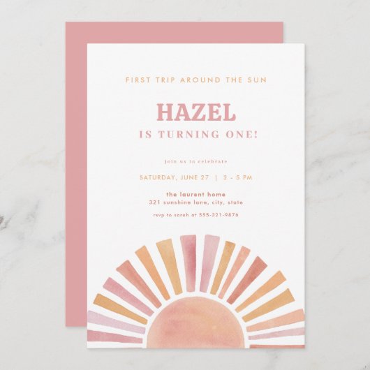 ガールファーストのまわりにトリップザサン誕生日招待状 招待状 (正面/裏面)